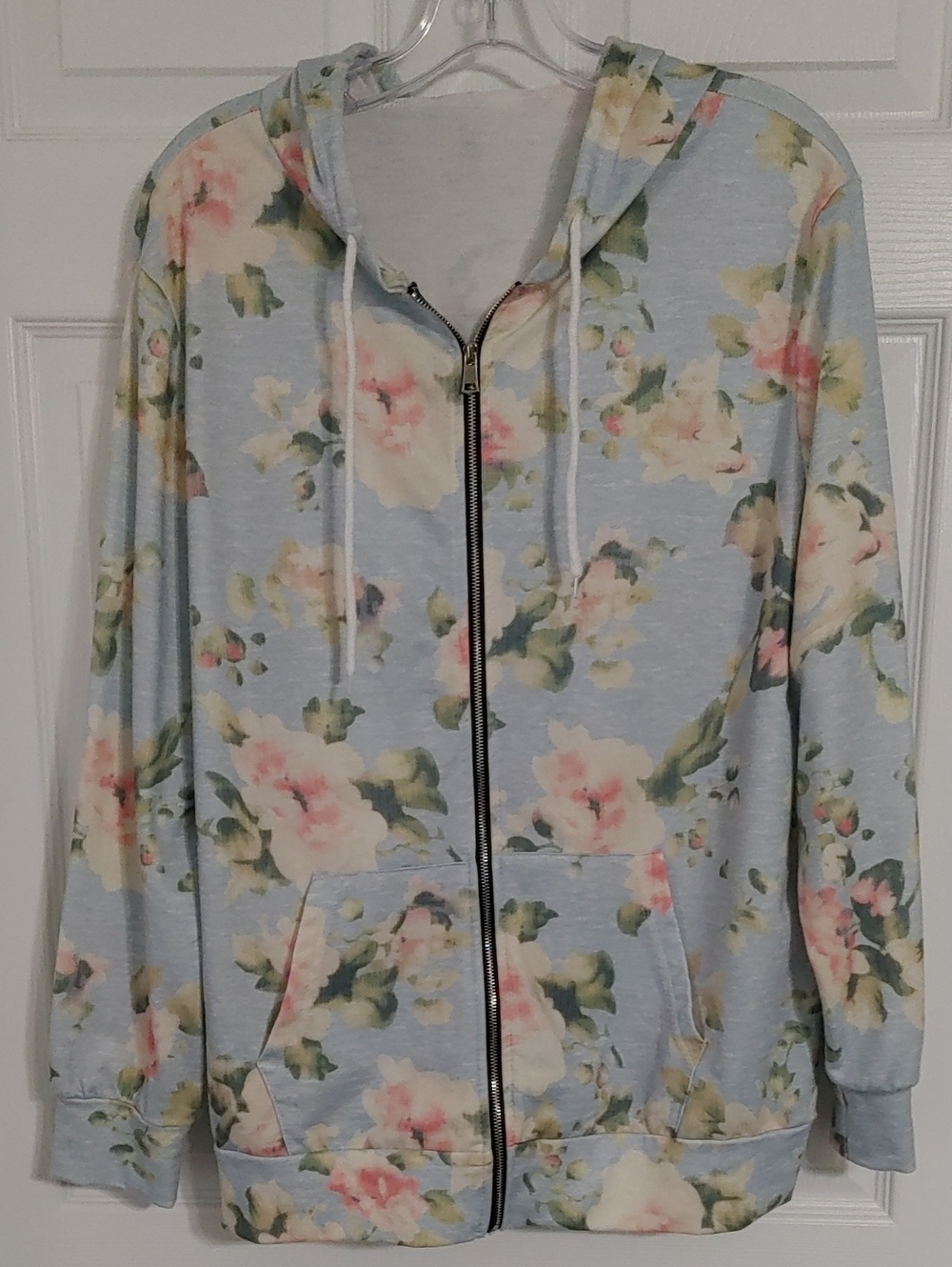 Floral Zip-Up Hoodie Jacket - Light Blue Women's Large Cottagecore